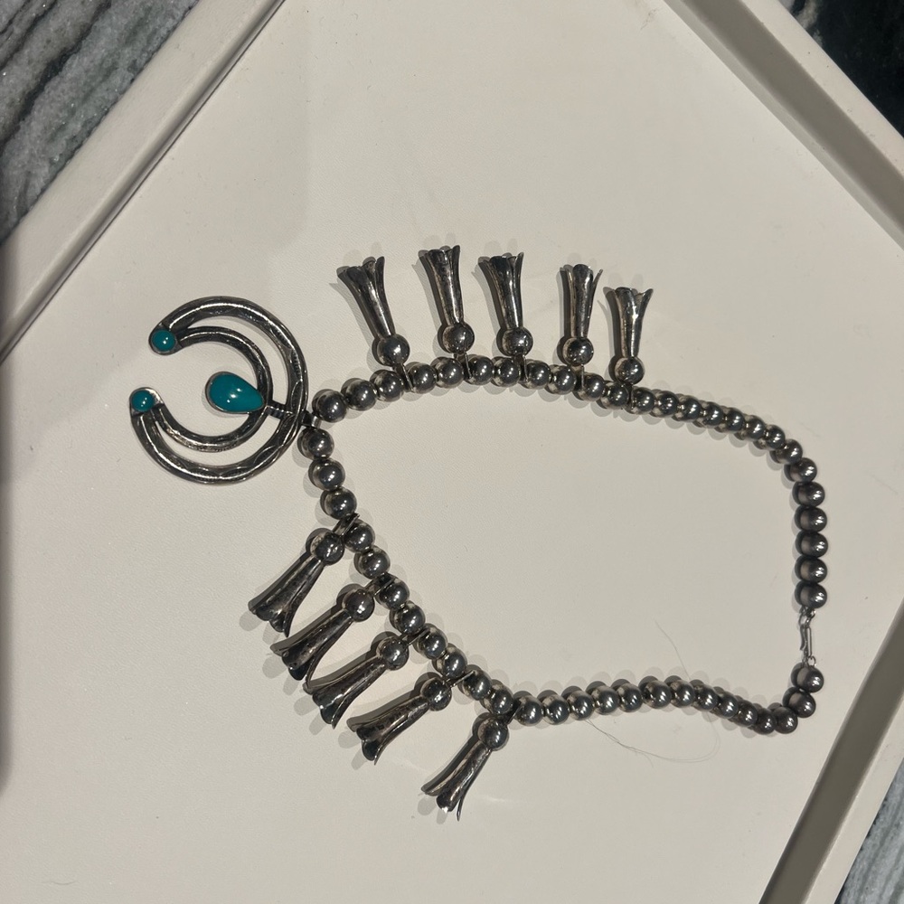 Silver & Turquoise Necklace with Squash Blossom